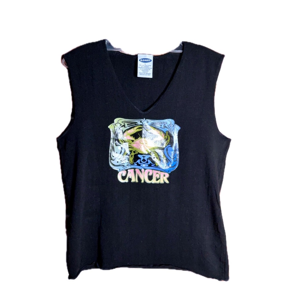 Old Navy Black Sleeveless Cancer Zodiac Graphic V‎ Neck Top Womens L